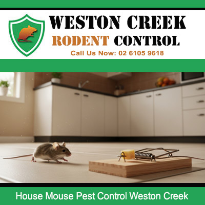 Weston Creek house mouse pest control showing rodent approaching snap trap set on kitchen floor